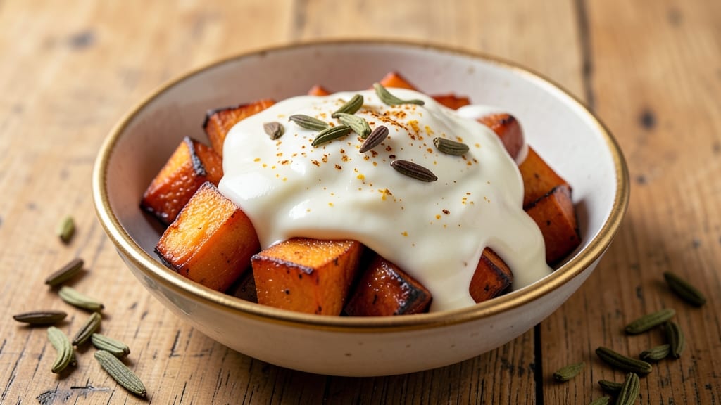 Sweet Potato Rabdi Recipe: Velvety Coconut Custard With Celery Crunch Topping