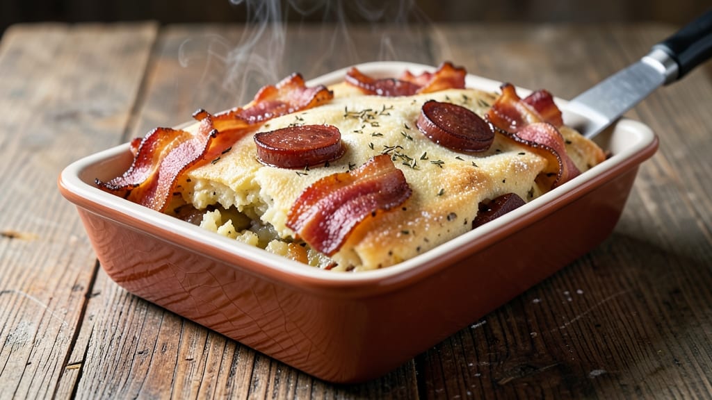Bacon and Sausage Stuffed Potato Loaf Recipe: Meat-Packed Potato Tower With Crispy Top