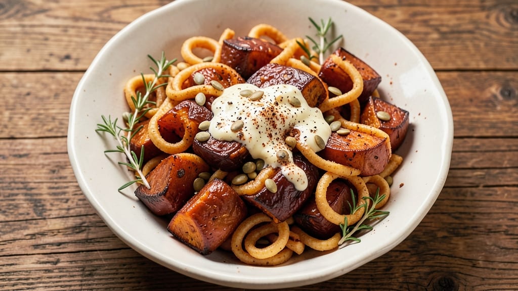 Sweet Potato Spaetzle Recipe: Nutmeg-Kissed Ribbon Noodles With Crispy Celery Crown