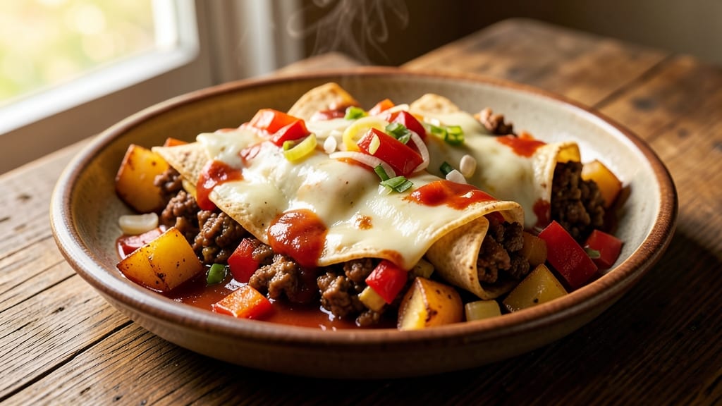 Beef and Potato Enchilada Recipe: Smoky Tortilla Hugs with Melty Cheese Rivers