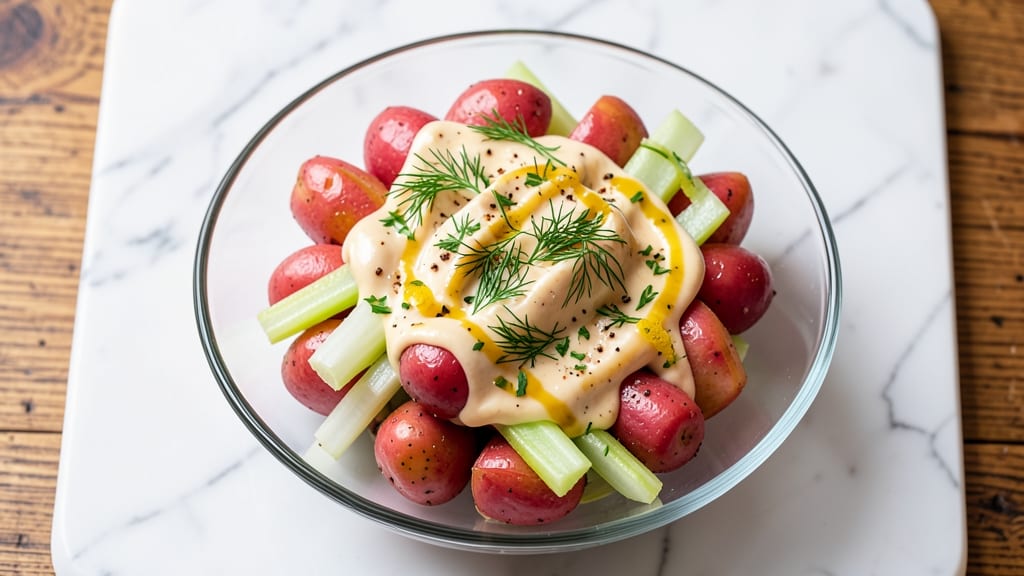 5 Star Red Potato Salad Recipe: Crispy Celery Crown Over Creamy Dill Dressing