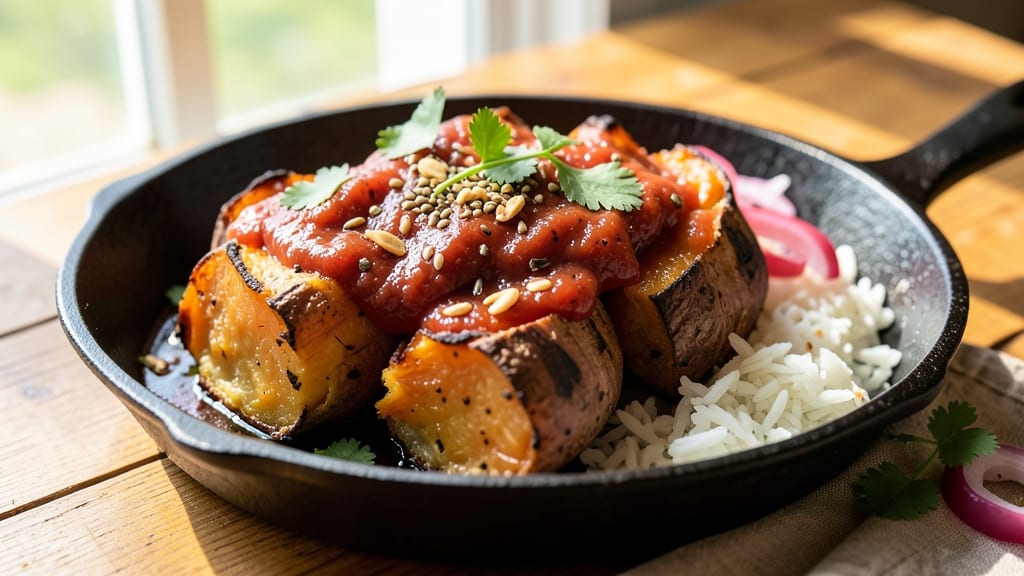 Tex Mex Smashed Sweet Potato Recipe: Crispy Celery Crown Over Smoky Chipotle Cream