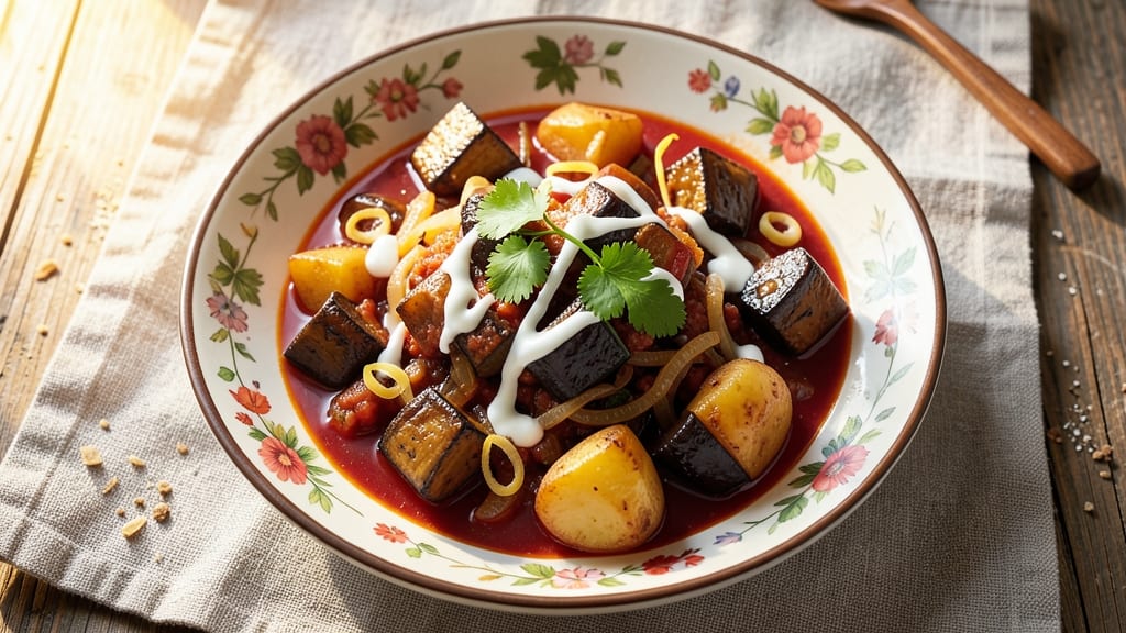Aubergine and Potato Curry Recipe: Spiced Tomato Velout With Charred Eggplant Bites