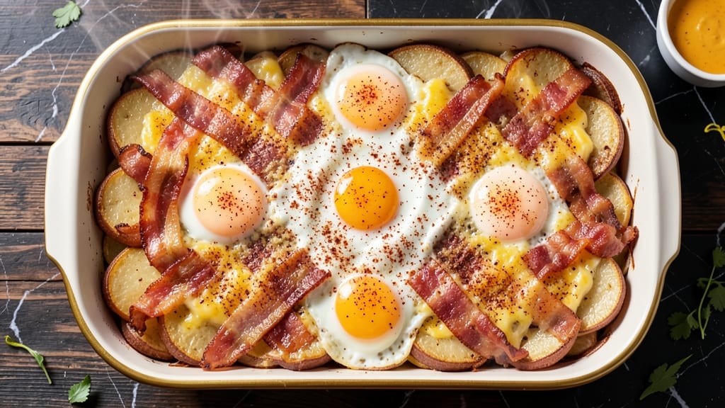 Bacon Egg Cheese Potato Casserole Recipe: Crispy Celery Crown Over Smoky Paprika Potatoes