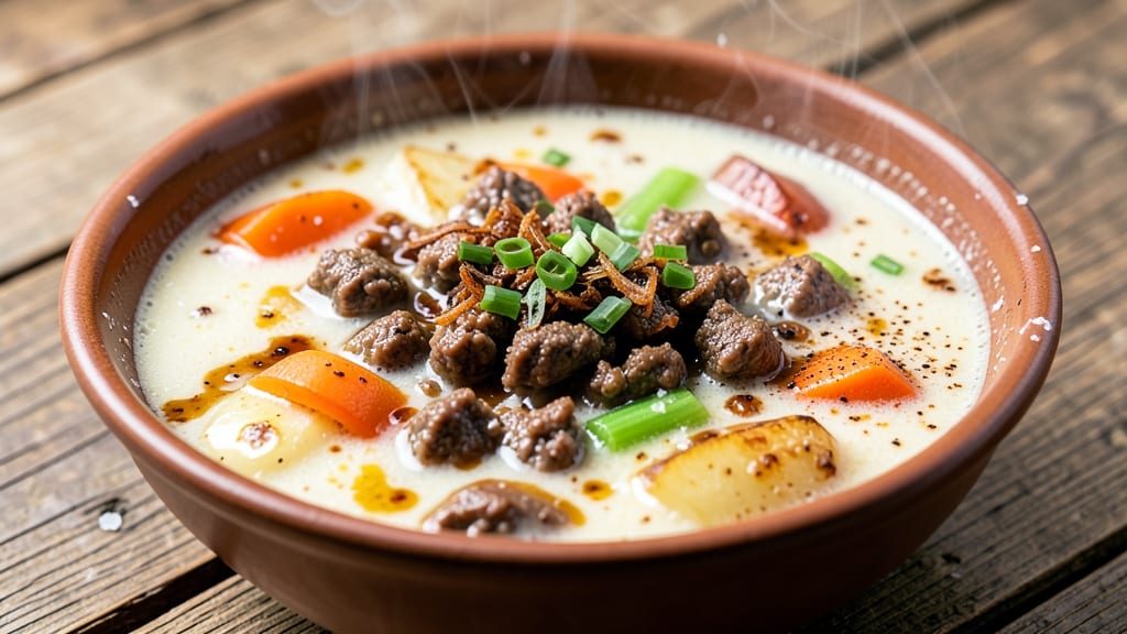 Backyard Burger Potato Soup Recipe: Smoky Cheese-Crusted Top With Juicy Ground Beef