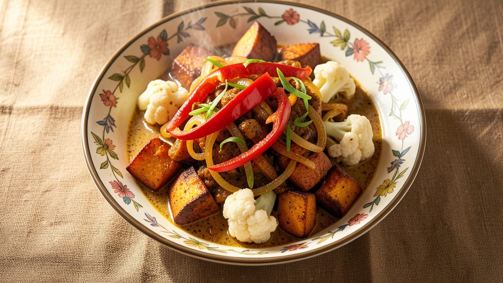 Sweet Potato Vegetable Curry Recipe: Spiced Coconut Milk Velout With Charred Edges