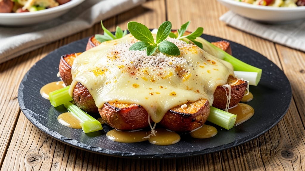 Sweet Potato Gruyere Recipe: Nutmeg-Infused Cheese Roast With Crispy Celery Top
