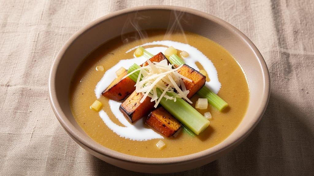 Sweet Potato Celery Soup Recipe: Smoky Ginger Swirl With Celery Crunch Topping