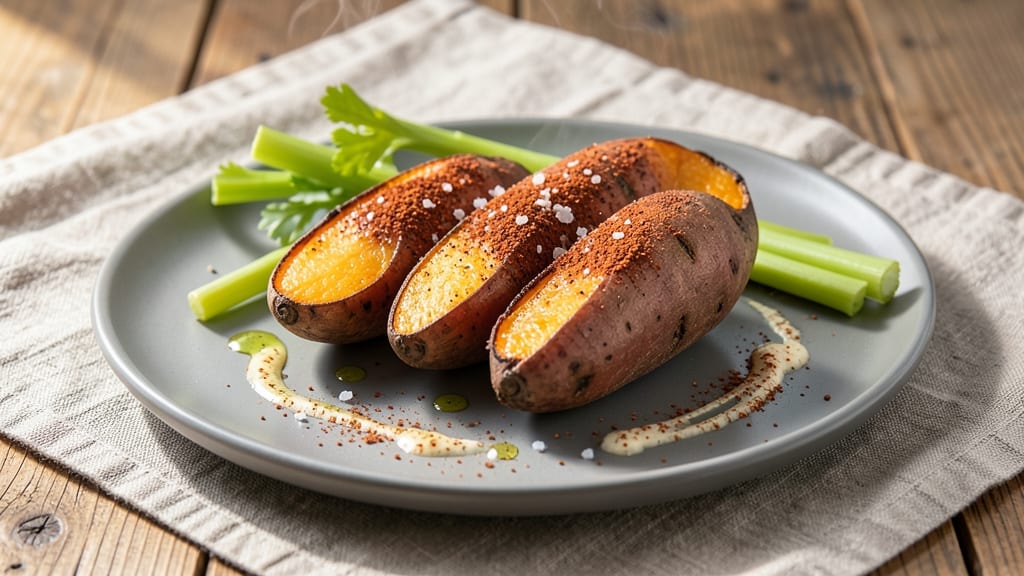 Sweet Potato Recipe Video: Crispy Celery Crown Over Smoky Roasted Potatoes