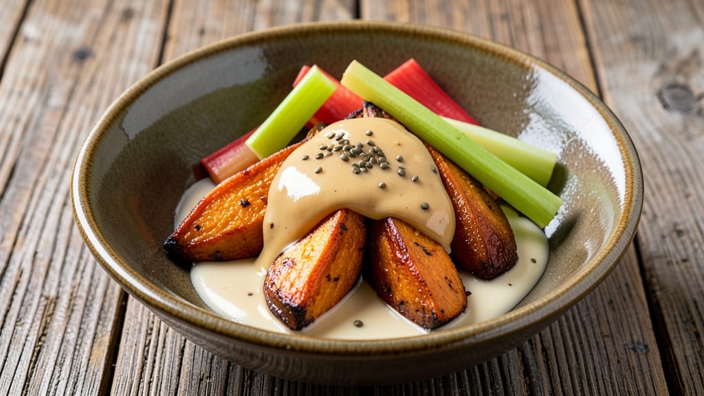 Sweet Potato Kong Recipe: Crispy Celery Crown Over Creamy Mustard Seed Bliss