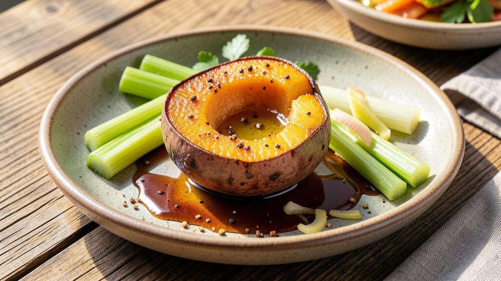 Asian Style Sweet Potato Recipe: Smoky Ginger-Glazed with Crispy Celery Crown