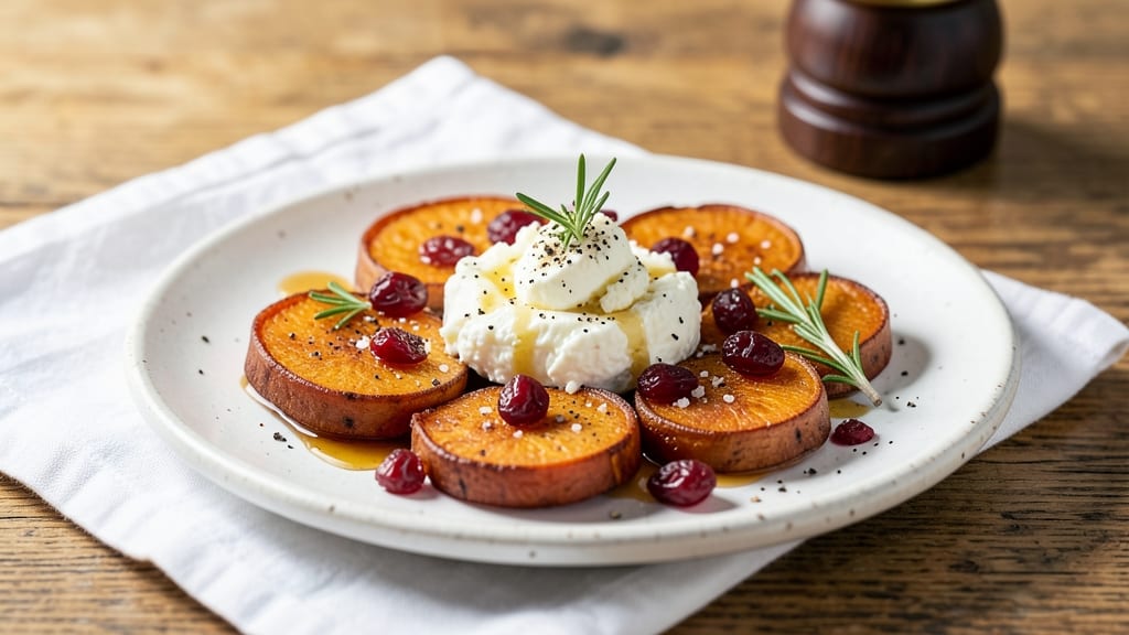 Sweet Potato Rounds With Goat Cheese And Cranberries Recipe: Caramelized Edges and Tart-Sweet Contrast
