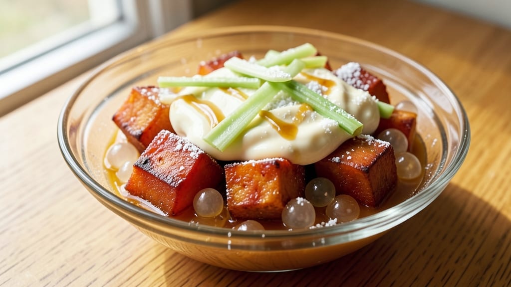 Sweet Potato Sago Dessert Recipe: Warm Spiced Custard With Celery Crunch