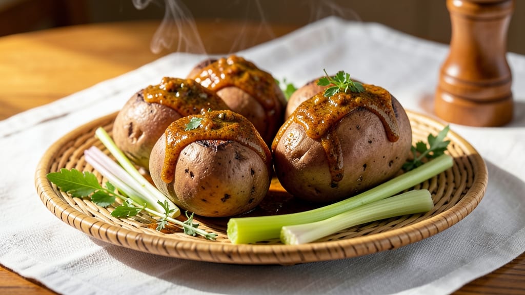 Baked Mojo Potato Recipe: Celery Crown Crunch Over Smoky Spiced Filling