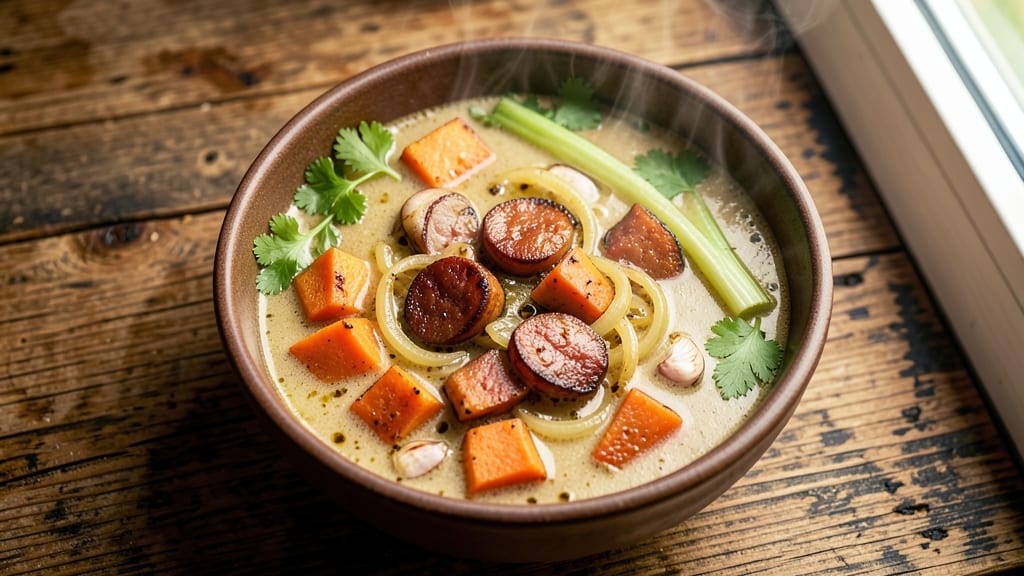 Sweet Potato and Sausage Soup Recipe: Smoky Paprika Depth With Crispy Celery Top