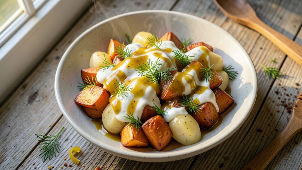 White And Sweet Potato Salad Recipe: Creamy Mustard-Dill Dressing Without Mayo