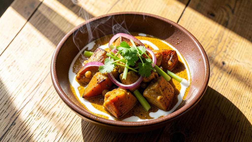 Sweet Potato Slow Cooker Curry Recipe: Spiced Coconut Velout With Celery Crunch